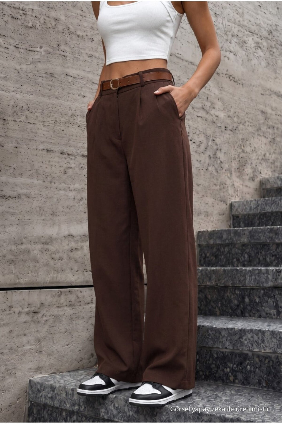 Women's Belted Oversize Loose-Fitting Palazzo Pants with Elastic Waistband, BROWN - MALLTURK