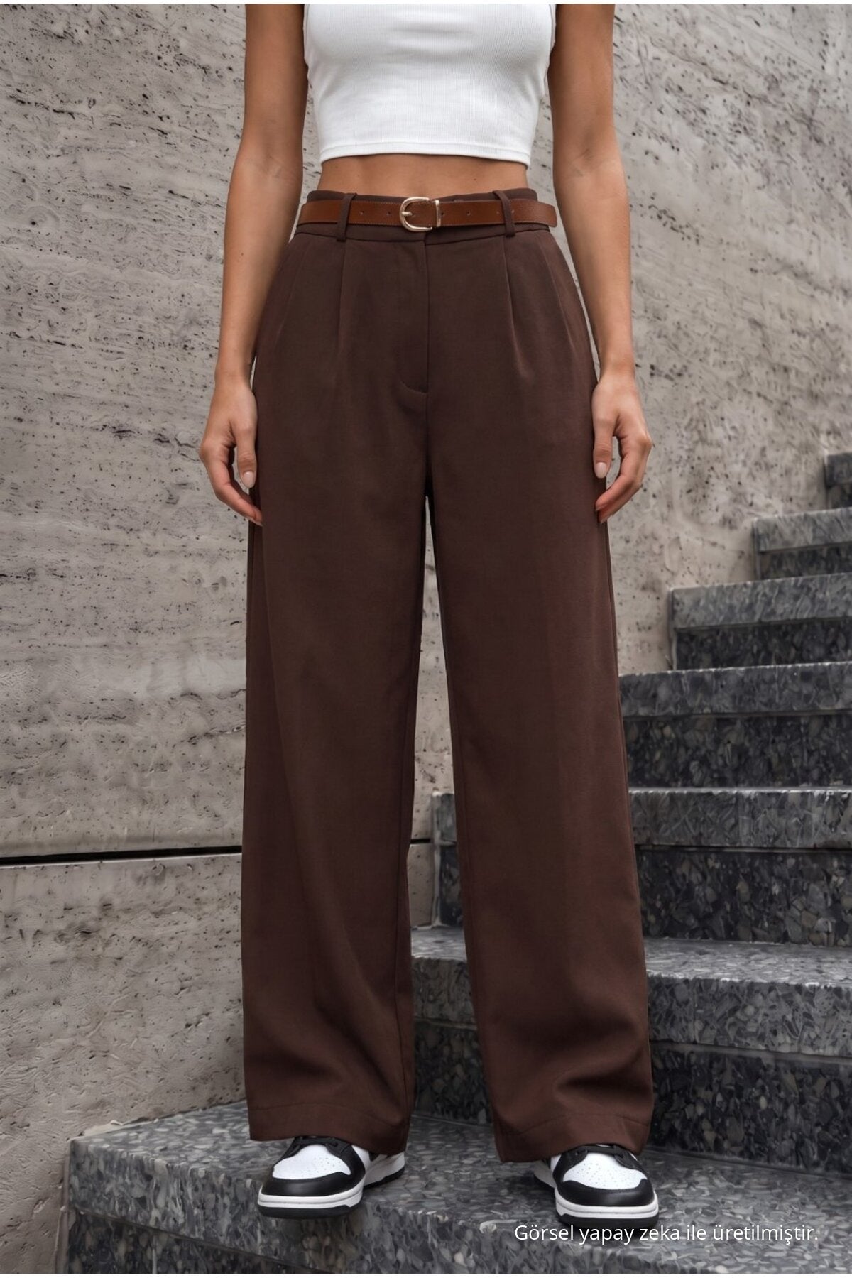Women's Belted Oversize Loose-Fitting Palazzo Pants with Elastic Waistband, BROWN - MALLTURK