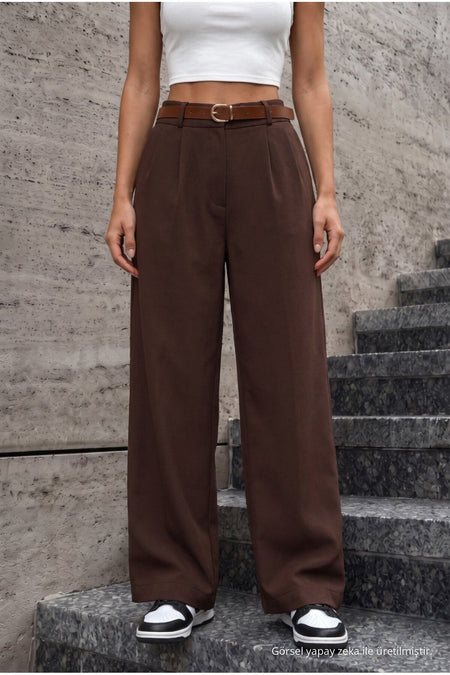 Women's Belted Oversize Loose-Fitting Palazzo Pants with Elastic Waistband, BROWN - MALLTURK