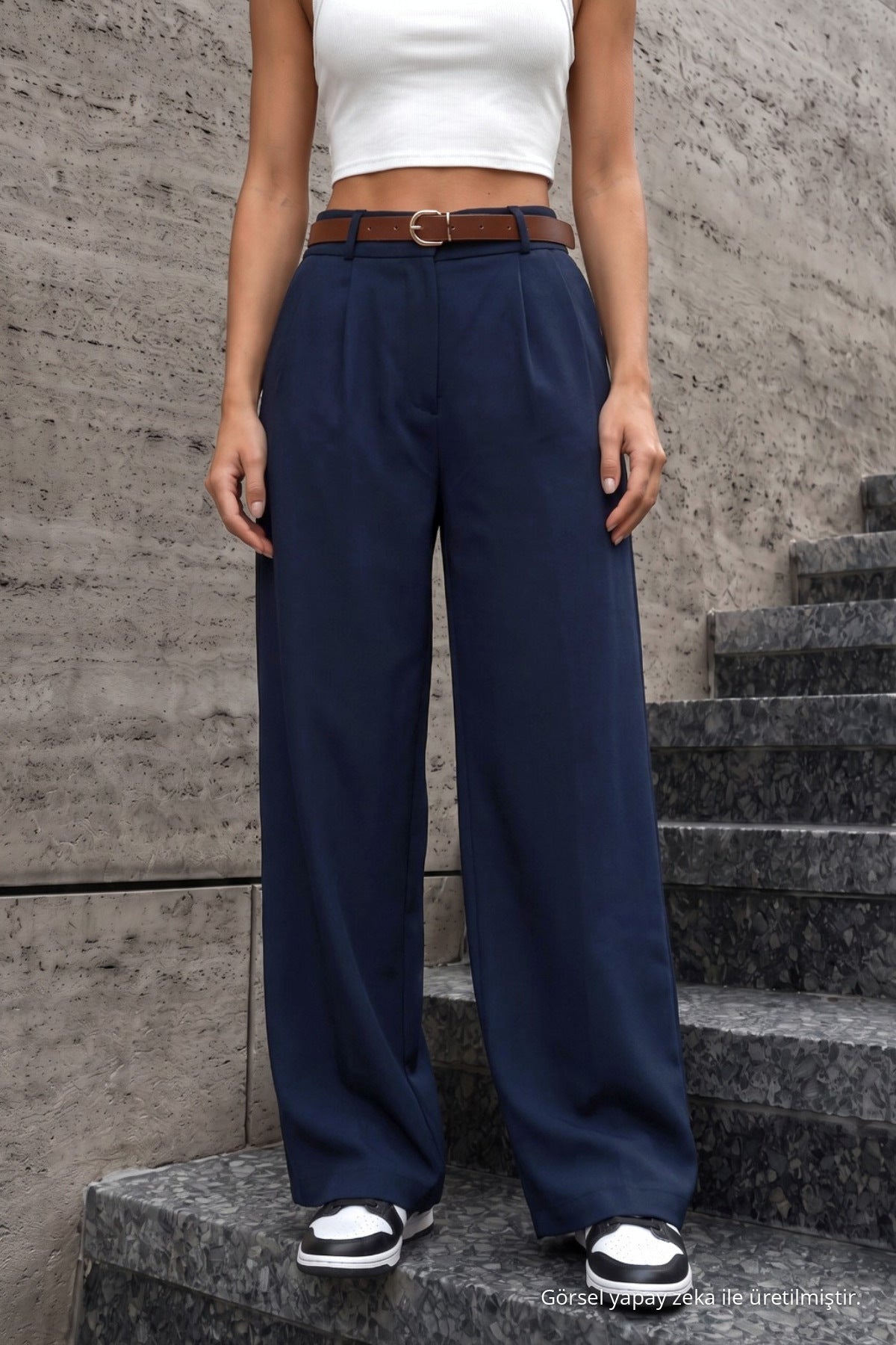 Women's Belted Oversize Loose-Fitting Palazzo Pants with Elastic Waistband, NAVY BLUE - MALLTURK