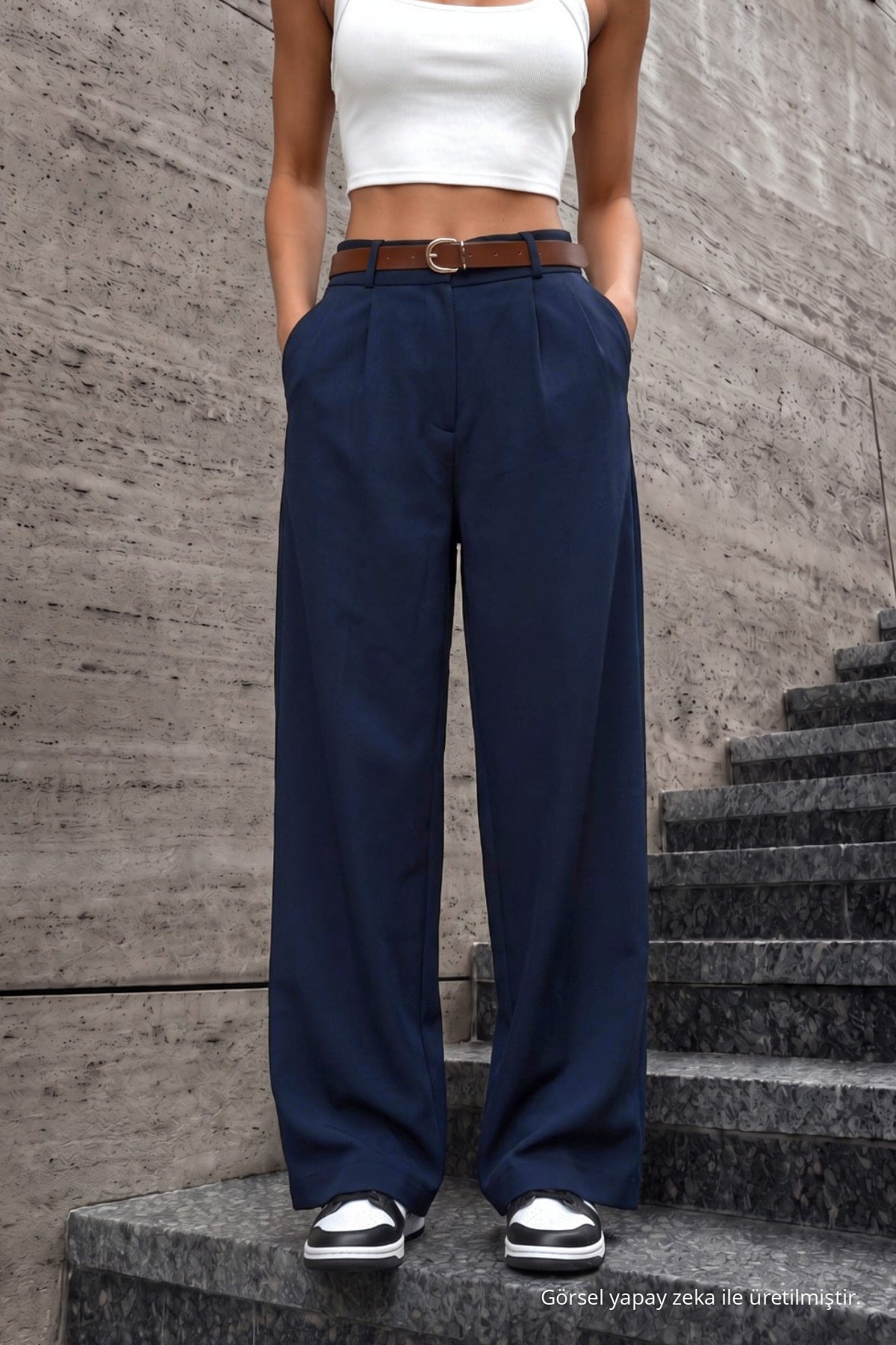 Women's Belted Oversize Loose-Fitting Palazzo Pants with Elastic Waistband, NAVY BLUE - MALLTURK