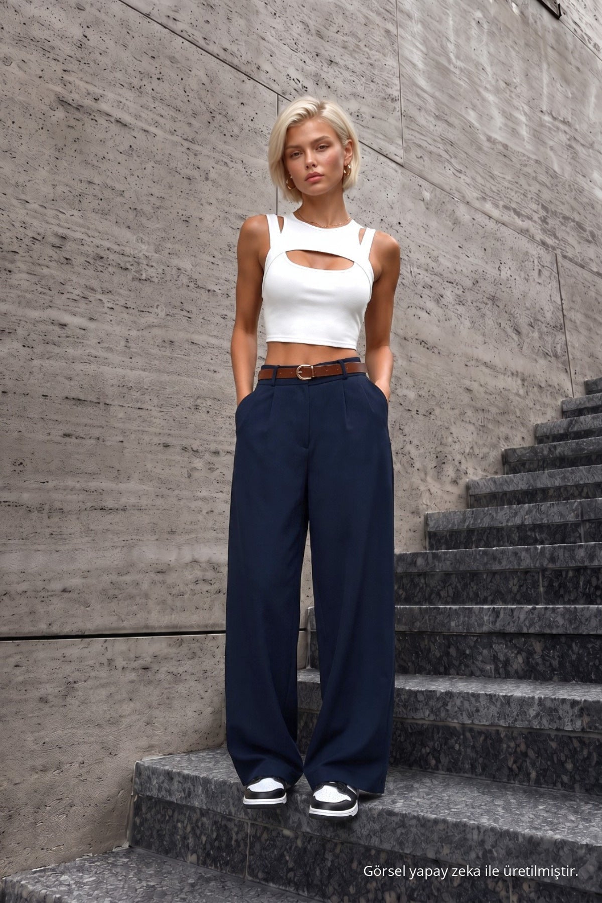 Women's Belted Oversize Loose-Fitting Palazzo Pants with Elastic Waistband, NAVY BLUE - MALLTURK