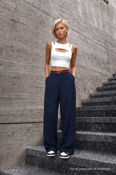 Women's Belted Oversize Loose-Fitting Palazzo Pants with Elastic Waistband, NAVY BLUE - MALLTURK