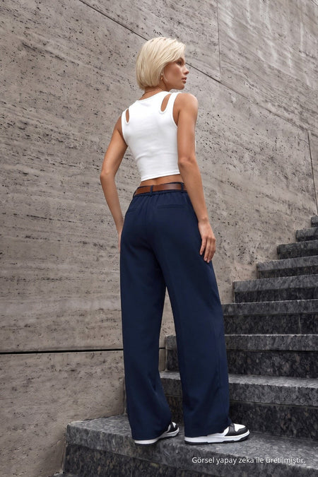 Women's Belted Oversize Loose-Fitting Palazzo Pants with Elastic Waistband, NAVY BLUE - MALLTURK