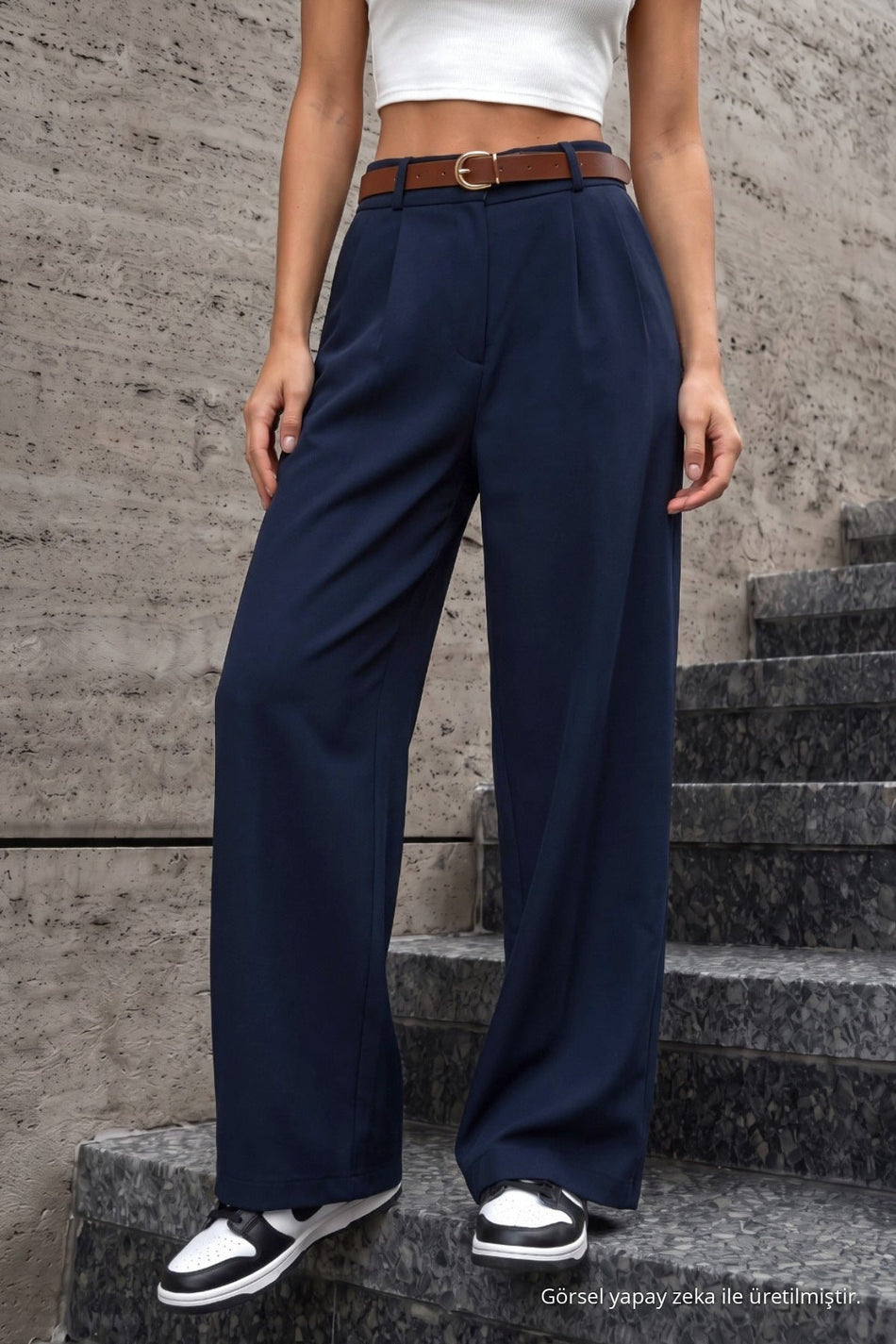 Women's Belted Oversize Loose-Fitting Palazzo Pants with Elastic Waistband, NAVY BLUE - MALLTURK