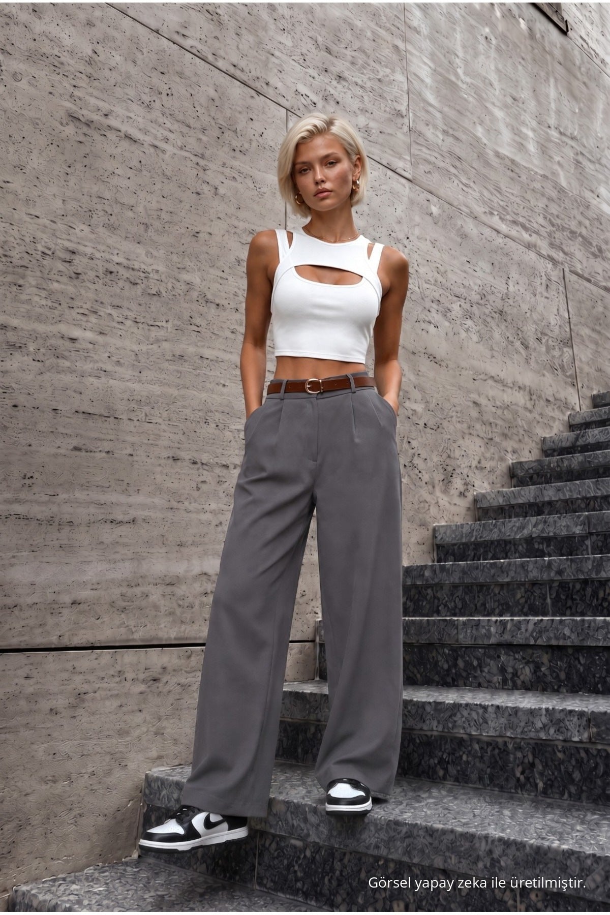 Women's Belted Oversize Loose Palazzo Pants with Elastic Waistband, Grey - MALLTURK