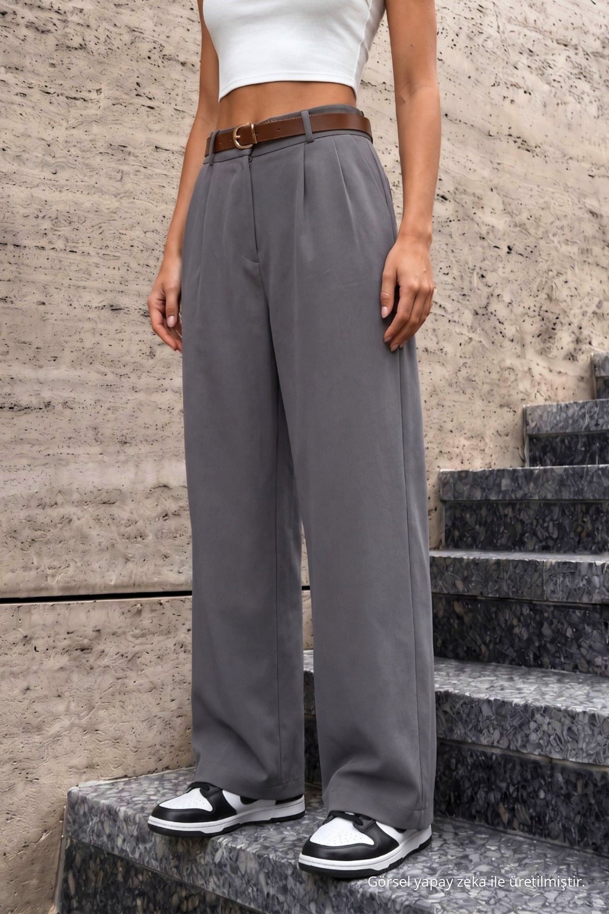 Women's Belted Oversize Loose Palazzo Pants with Elastic Waistband, Grey - MALLTURK