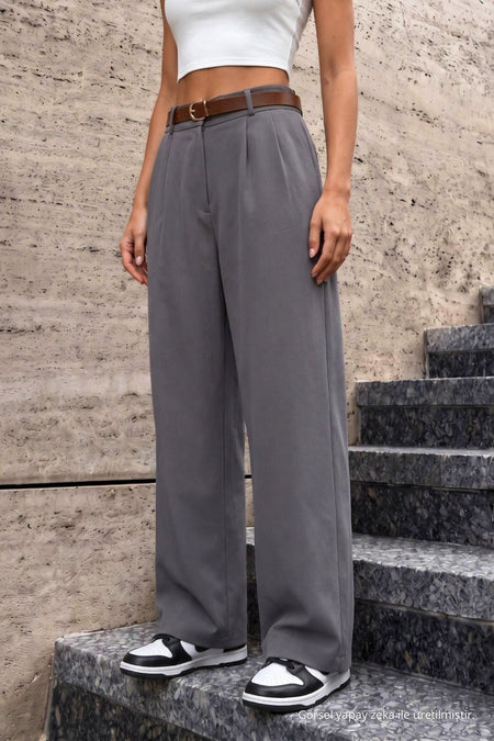 Women's Belted Oversize Loose Palazzo Pants with Elastic Waistband, Grey - MALLTURK