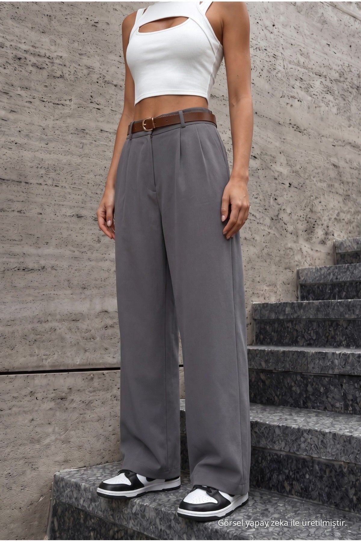 Women's Belted Oversize Loose Palazzo Pants with Elastic Waistband, Grey - MALLTURK