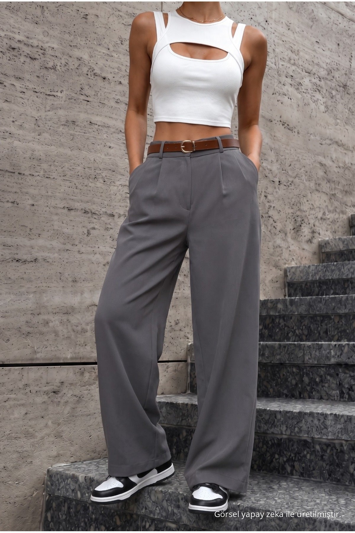 Women's Belted Oversize Loose Palazzo Pants with Elastic Waistband, Grey - MALLTURK