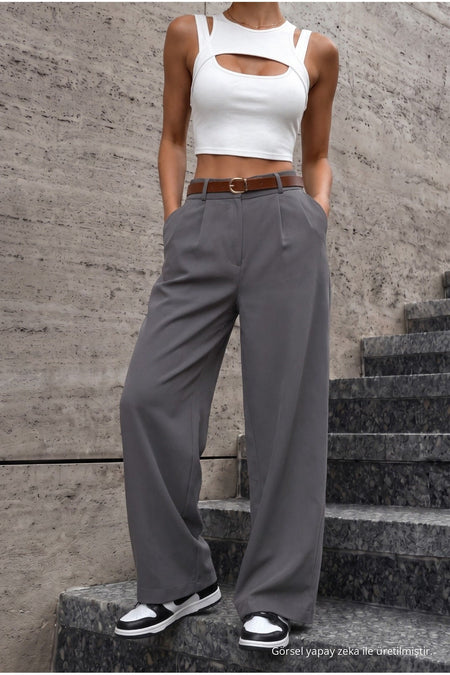 Women's Belted Oversize Loose Palazzo Pants with Elastic Waistband, Grey - MALLTURK