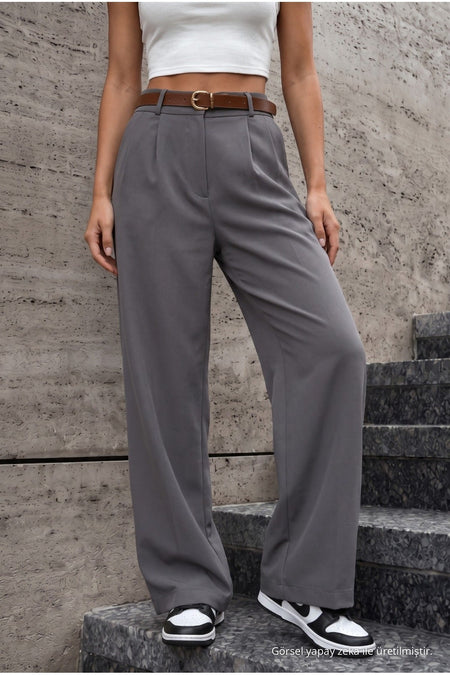 Women's Belted Oversize Loose Palazzo Pants with Elastic Waistband, Grey - MALLTURK