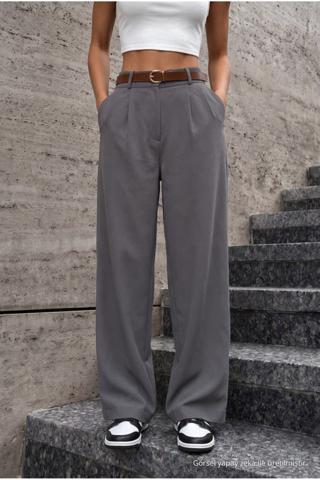 Women's Belted Oversize Loose Palazzo Pants with Elastic Waistband, Grey - MALLTURK