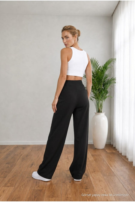 Women's BLACK High Waist Loose Fit Lycra Wide Leg Palazzo Pants - MALLTURK