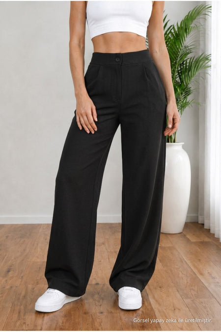 Women's BLACK High Waist Loose Fit Lycra Wide Leg Palazzo Pants - MALLTURK