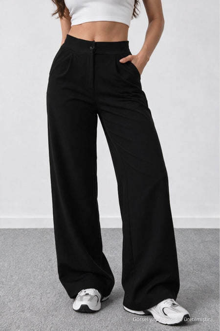 Women's Black Lycra Palazzo Loose Wide Leg Pants - MALLTURK