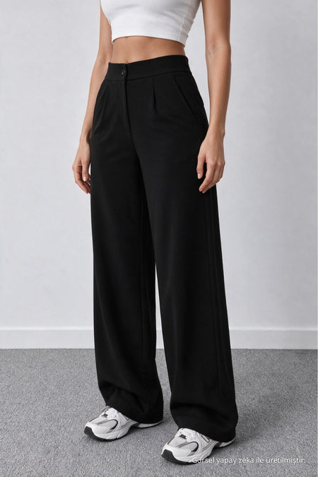 Women's Black Lycra Palazzo Loose Wide Leg Pants - MALLTURK
