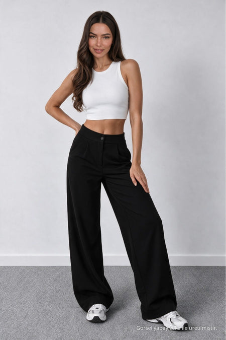 Women's Black Lycra Palazzo Loose Wide Leg Pants - MALLTURK
