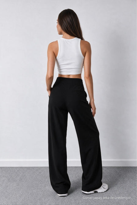 Women's Black Lycra Palazzo Loose Wide Leg Pants - MALLTURK