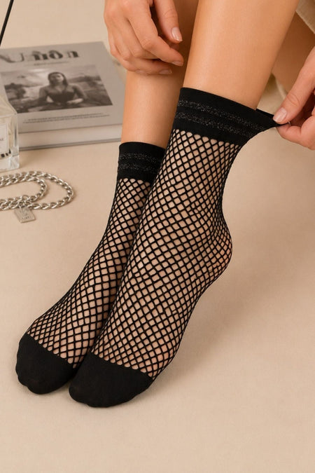 Women's Black Mesh Wide Band Double Shiny Stripe Detailed Socks - MALLTURK