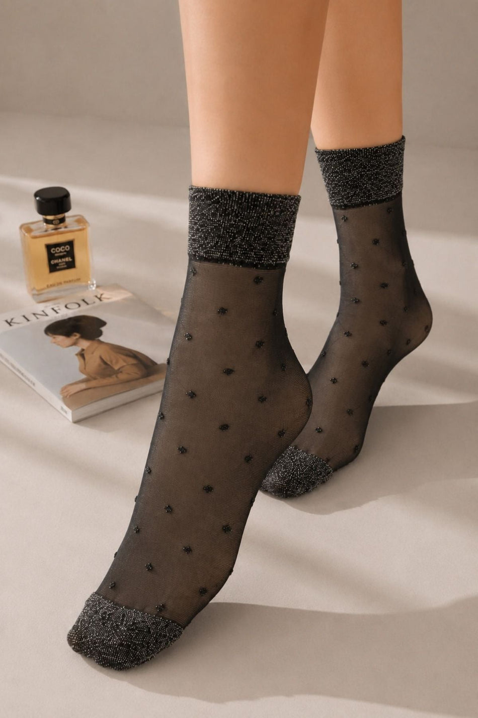 Women's Black Polka Dot Transparent Tulle Socks with Glitter Tape Detail - MALLTURK