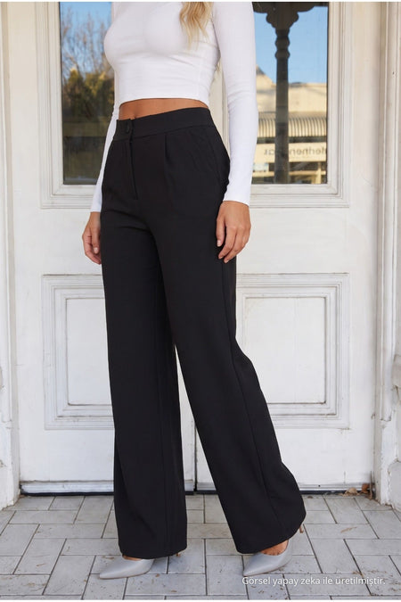 Women's Black Relaxed Fit Wide Leg Lycra Pants - MALLTURK