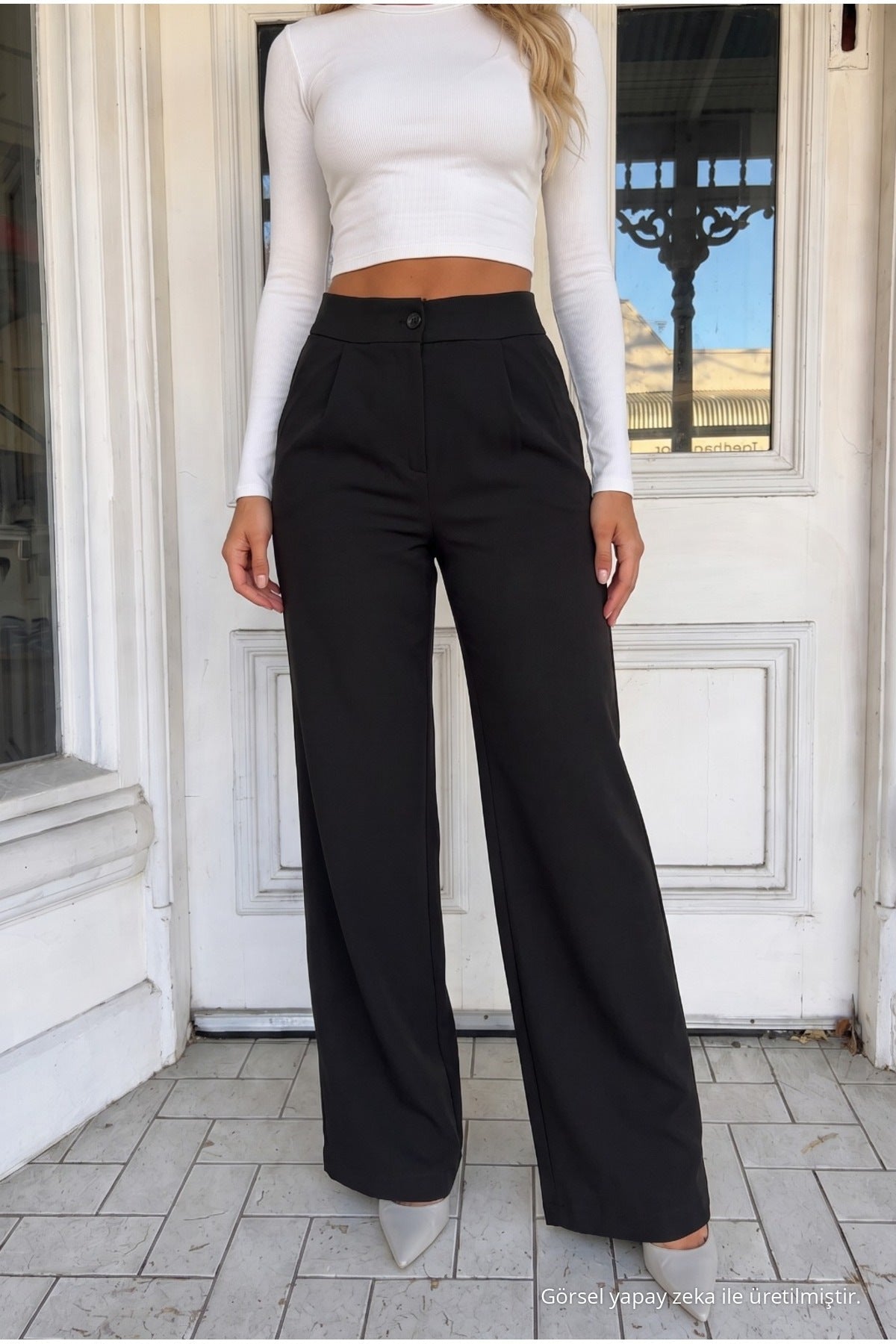 Women's Black Relaxed Fit Wide Leg Lycra Pants - MALLTURK