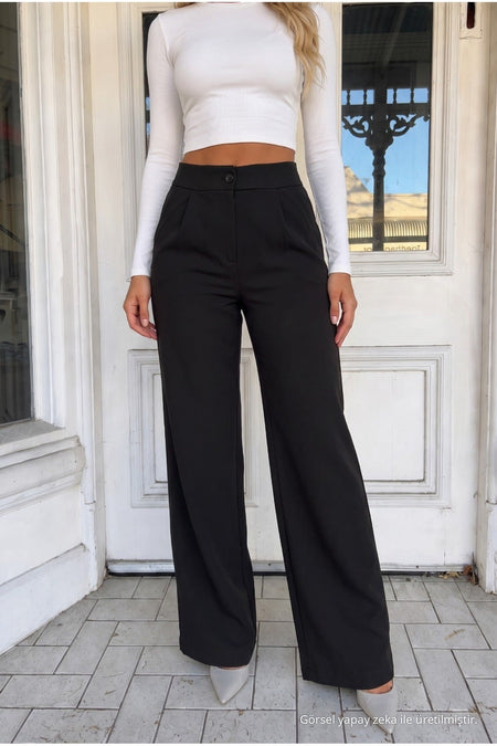 Women's Black Relaxed Fit Wide Leg Lycra Pants - MALLTURK