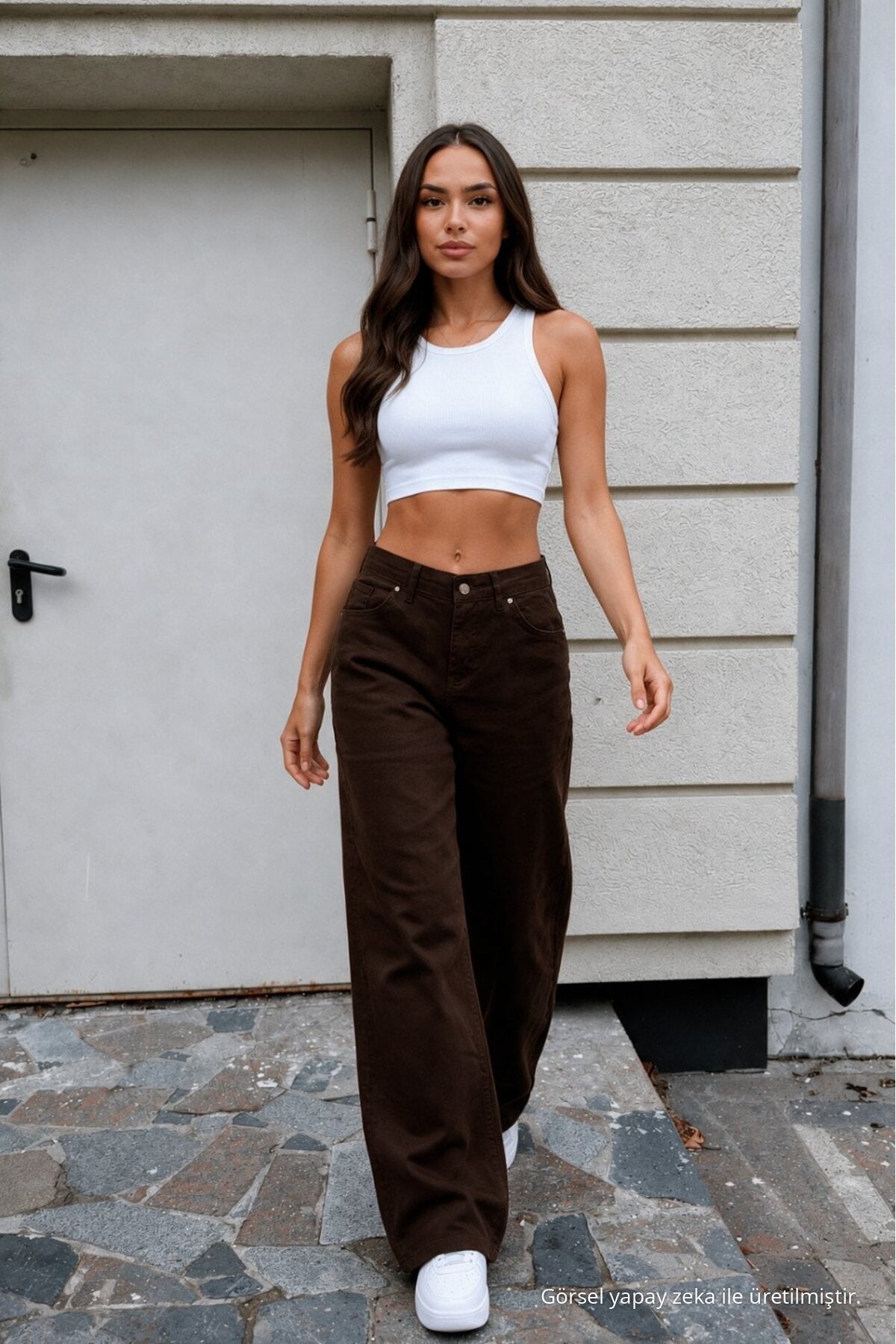 Women's Brown Wide Leg High Waist Jeans - MALLTURK