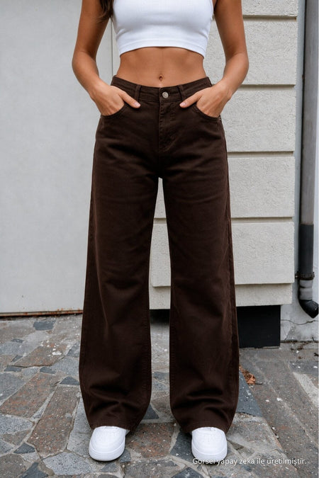 Women's Brown Wide Leg High Waist Jeans - MALLTURK