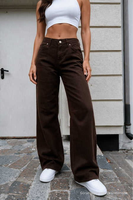 Women's Brown Wide Leg High Waist Jeans - MALLTURK