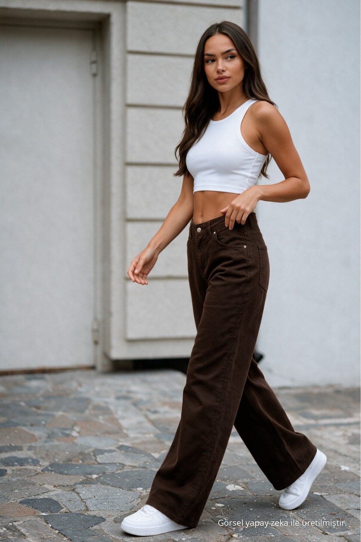 Women's Brown Wide Leg High Waist Jeans - MALLTURK