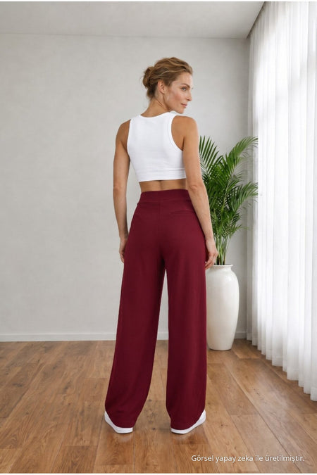 Women's Burgundy High Waist Loose Fit Lycra Wide Leg Palazzo Pants - MALLTURK