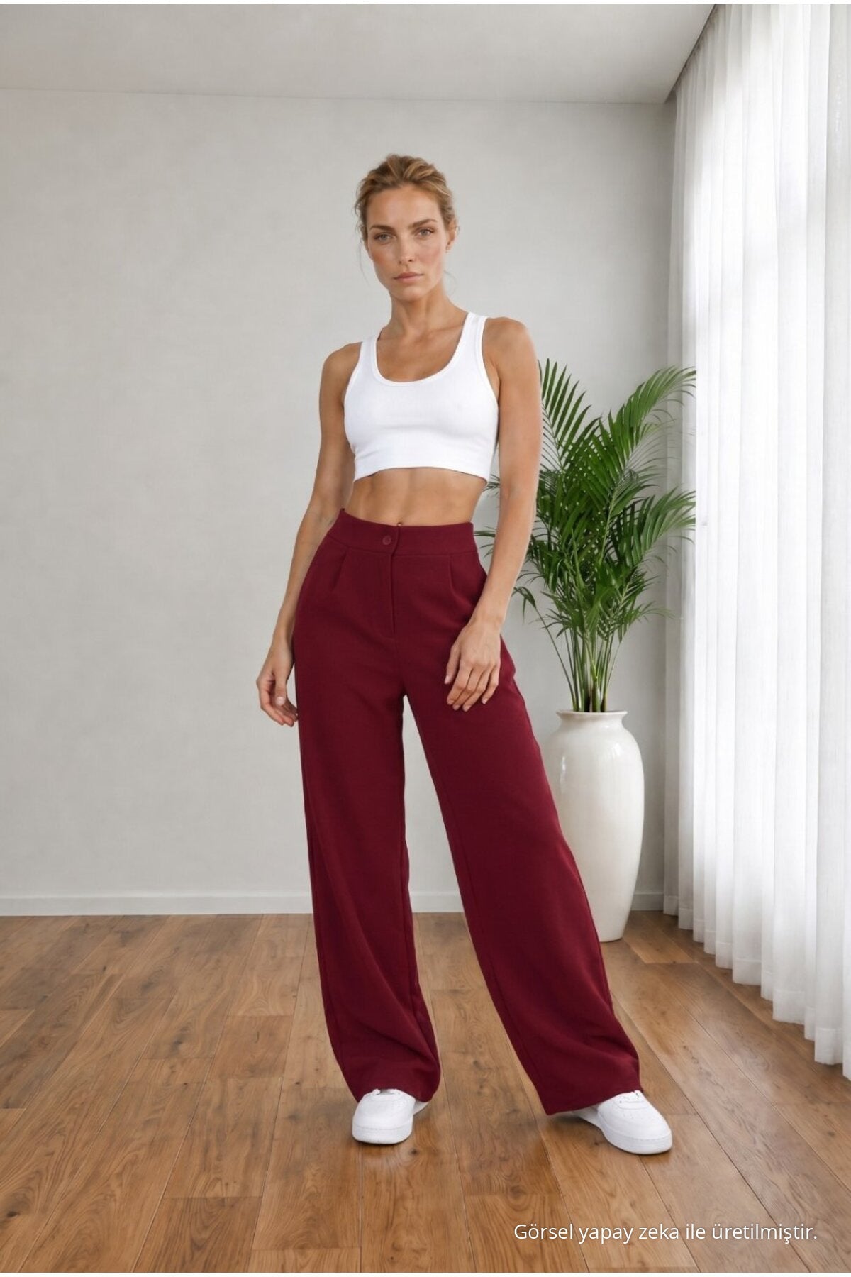 Women's Burgundy High Waist Loose Fit Lycra Wide Leg Palazzo Pants - MALLTURK