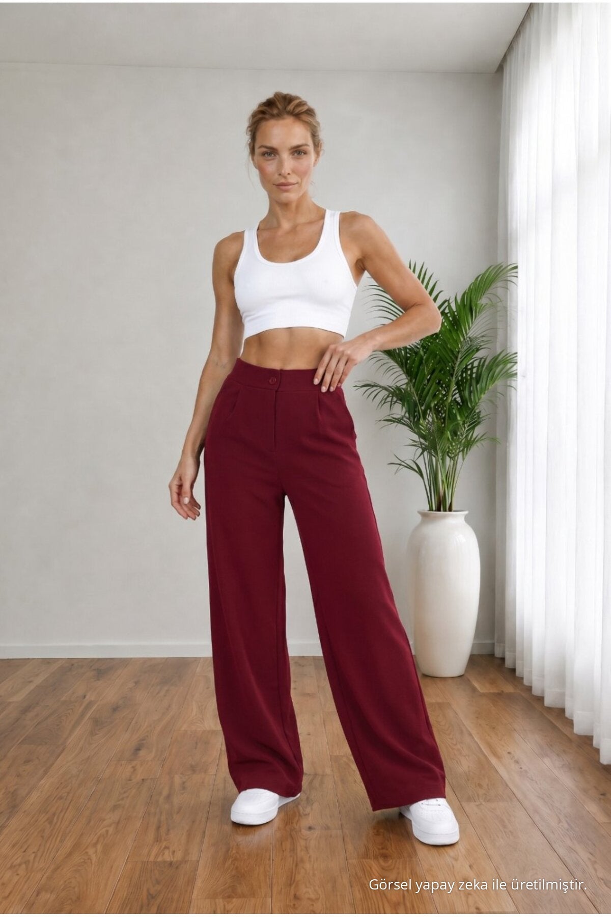 Women's Burgundy High Waist Loose Fit Lycra Wide Leg Palazzo Pants - MALLTURK