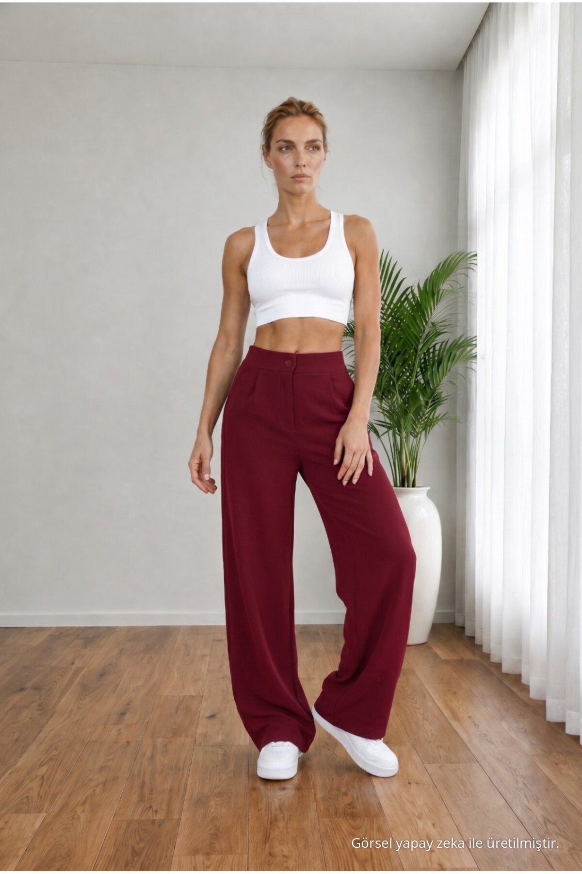 Women's Burgundy High Waist Loose Fit Lycra Wide Leg Palazzo Pants - MALLTURK