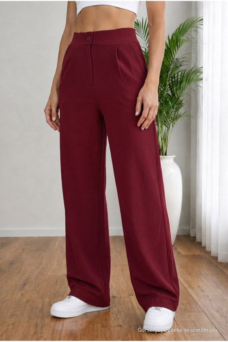 Women's Burgundy High Waist Loose Fit Lycra Wide Leg Palazzo Pants - MALLTURK
