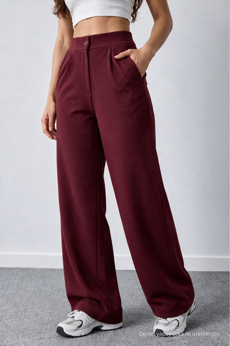 Women's Burgundy Lycra Palazzo Loose Wide Leg Trousers - MALLTURK