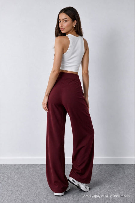 Women's Burgundy Lycra Palazzo Loose Wide Leg Trousers - MALLTURK