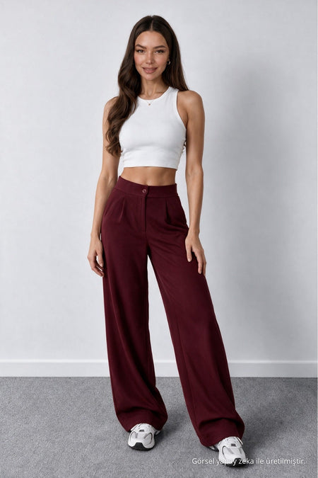 Women's Burgundy Lycra Palazzo Loose Wide Leg Trousers - MALLTURK