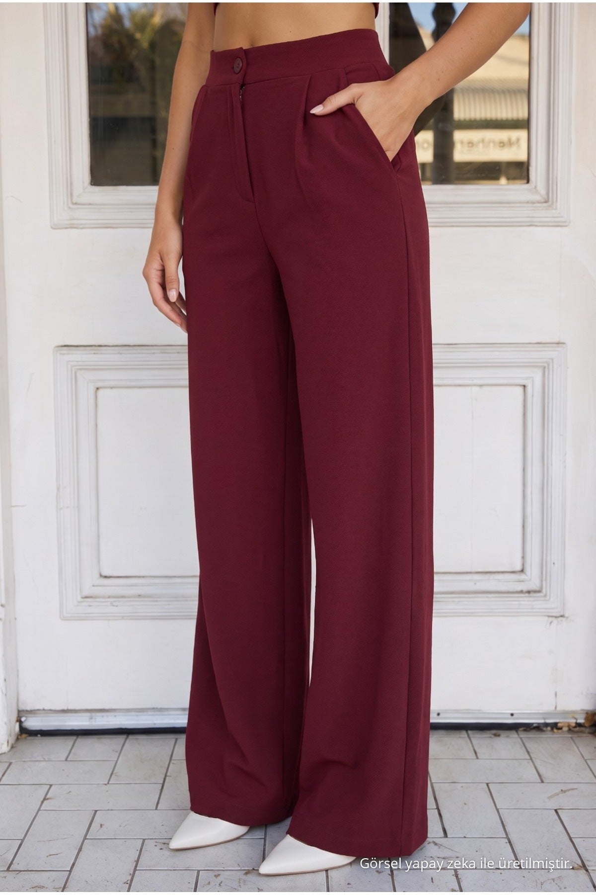 Women's Burgundy Relaxed Fit Wide Leg Lycra Trousers - MALLTURK
