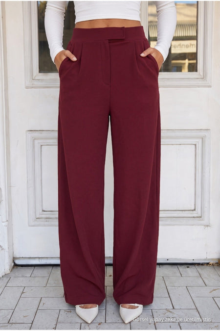 Women's Burgundy Relaxed Fit Wide Leg Lycra Trousers - MALLTURK