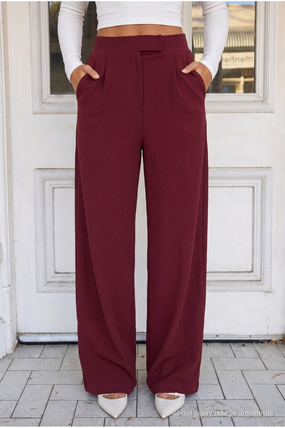 Women's Burgundy Relaxed Fit Wide Leg Lycra Trousers - MALLTURK