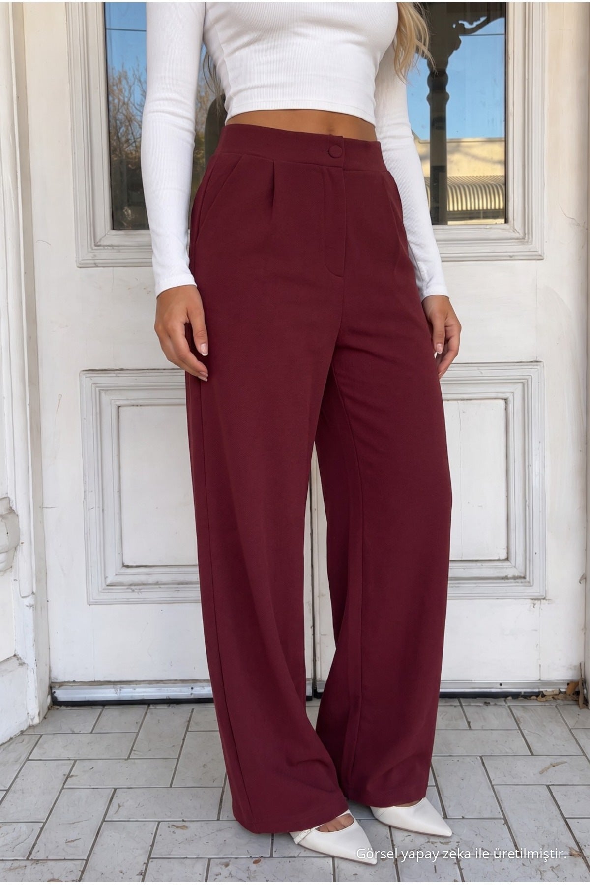 Women's Burgundy Relaxed Fit Wide Leg Lycra Trousers - MALLTURK