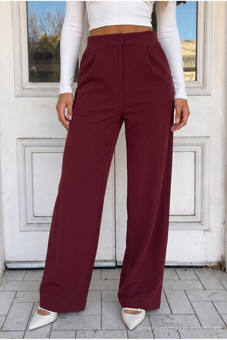 Women's Burgundy Relaxed Fit Wide Leg Lycra Trousers - MALLTURK