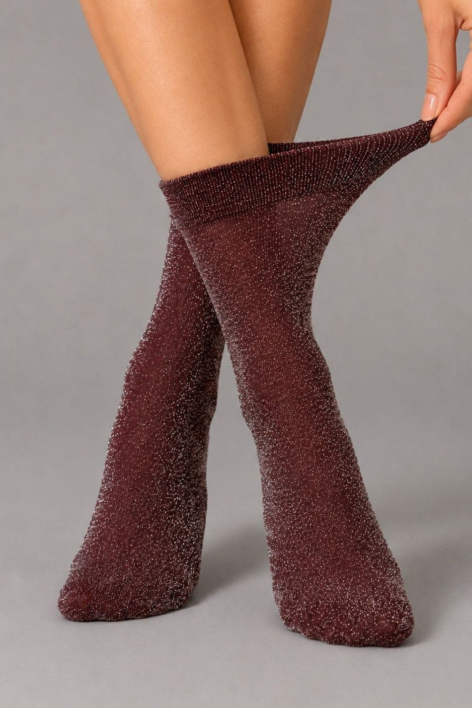 Women's Burgundy Silvery Shiny Thin Flexible Socks - MALLTURK