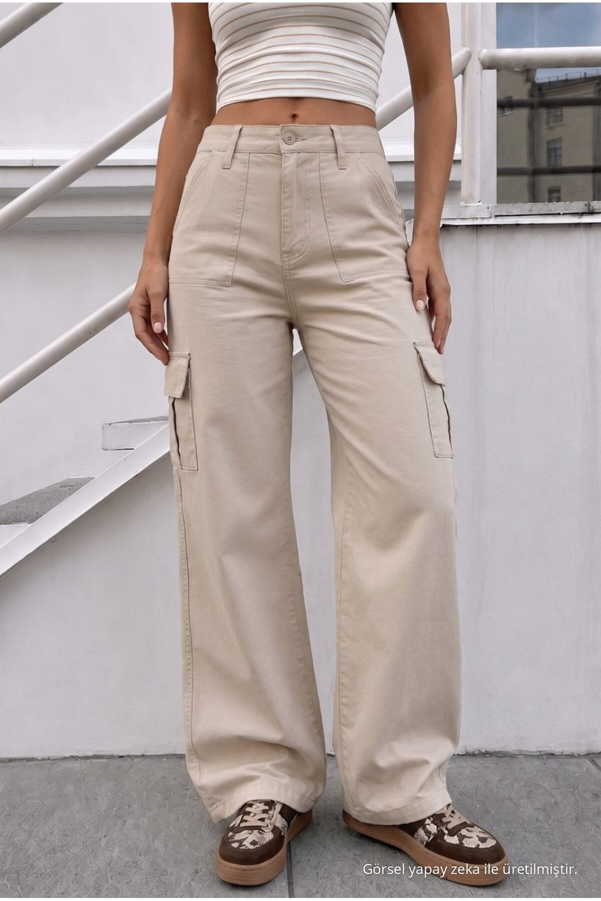 Women's Cargo Pocket Palazzo Cut Stretch Fabric Beige Trousers - MALLTURK
