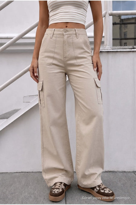 Women's Cargo Pocket Palazzo Cut Stretch Fabric Beige Trousers - MALLTURK