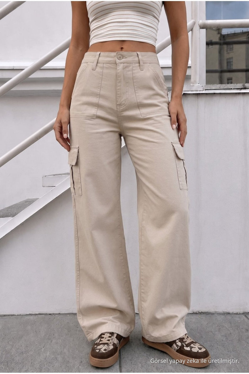 Women's Cargo Pocket Palazzo Cut Stretch Fabric Beige Trousers - MALLTURK