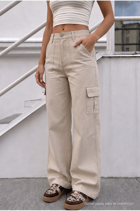 Women's Cargo Pocket Palazzo Cut Stretch Fabric Beige Trousers - MALLTURK